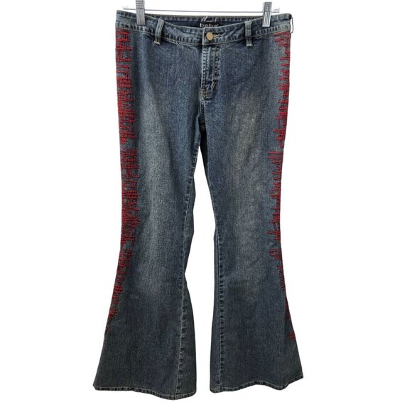 Vtg Bebe Flare Jeans Womens 30 Red Embroidery Grunge Punk Goth Y2K Low rise Boho - Picture 1 of 12